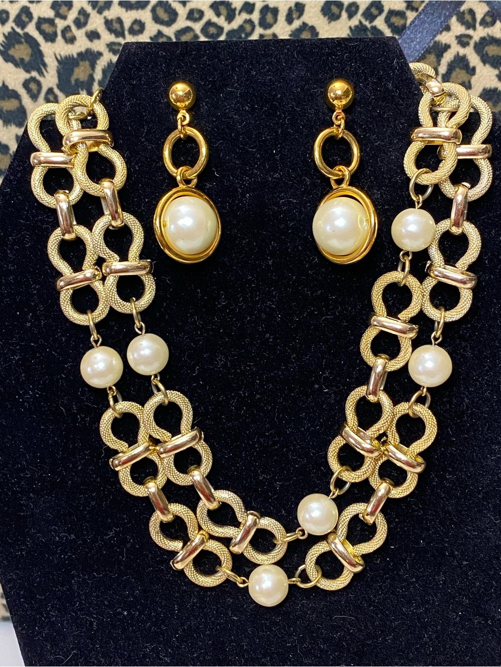 Vintage Gold Tone Faux Pearl Necklace with Avon Drop Earrings Set